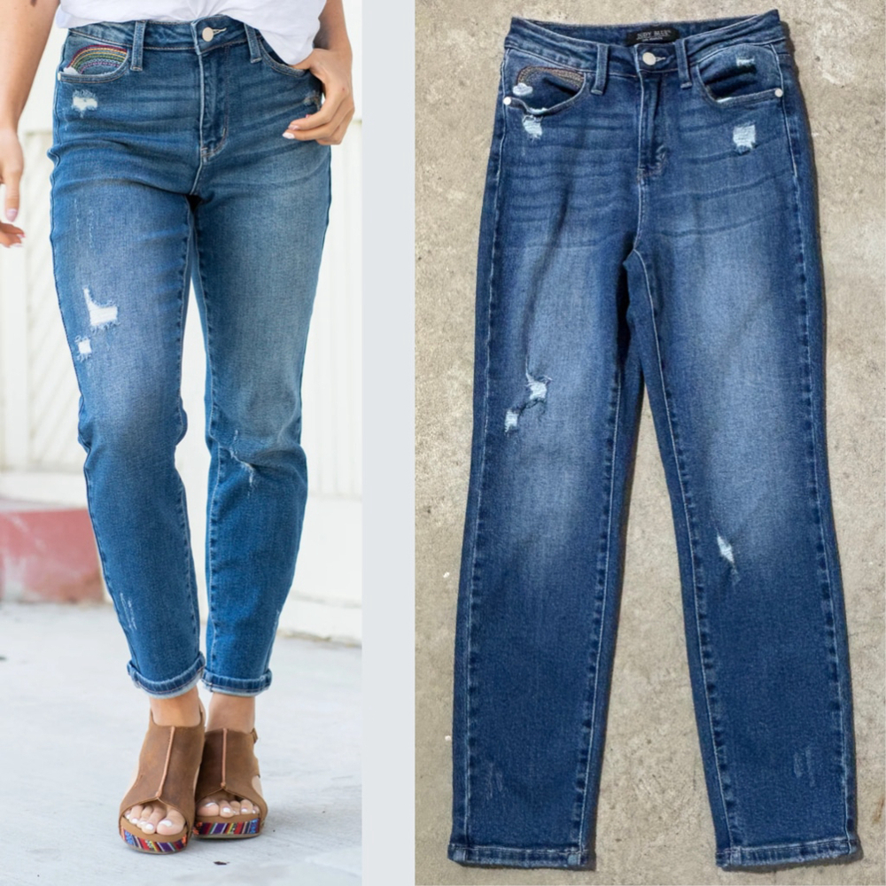 Judy Blue Jeans Straight Leg Women’s Size 3/26 Blue Rainbow Pocket Zipper Fly